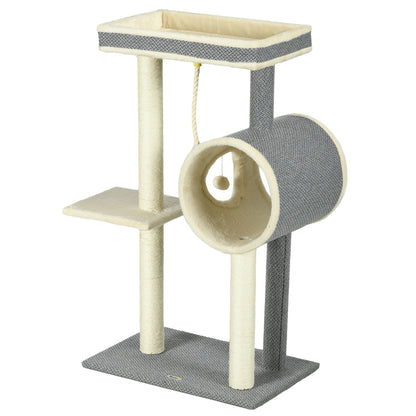 PawHut Kratzbaum Katzenbaum, 1 Katzenhöhle, 2 Liegeflächen, 60 cm x 40 cm x 104 cm, Grau + Natur