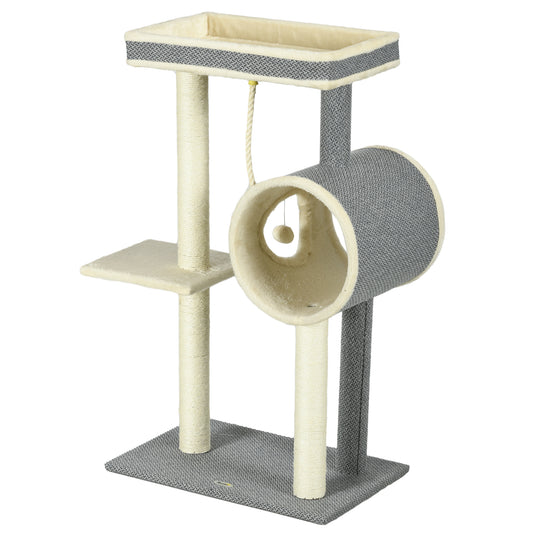 PawHut Kratzbaum Katzenbaum, 1 Katzenhöhle, 2 Liegeflächen, 60 cm x 40 cm x 104 cm, Grau + Natur