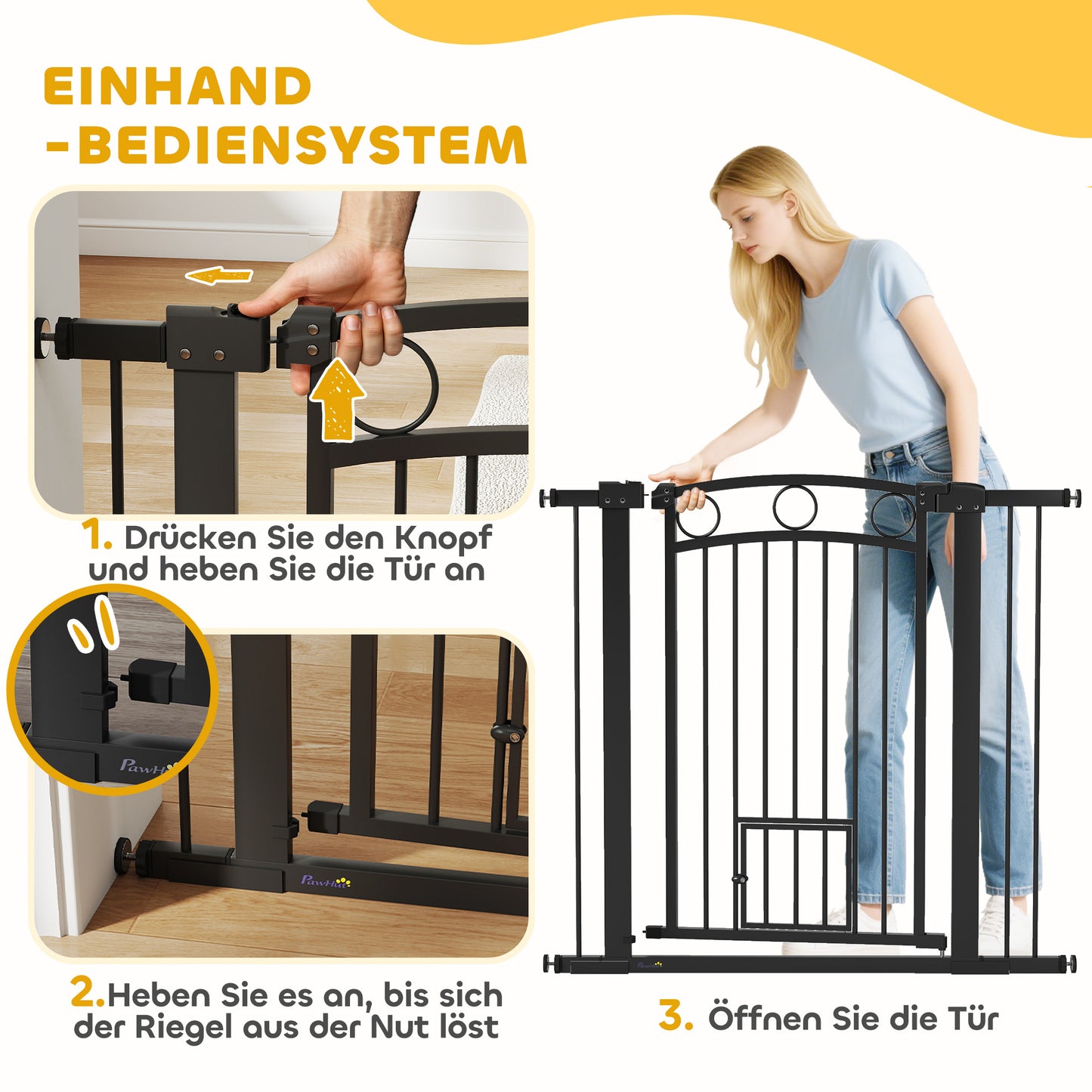 PawHut Haustiertor, 96 cm Treppengatter, verstellbar Breite 76-104 cm, mit Katzentür, für Treppen och Türöffnungen, Schwarz