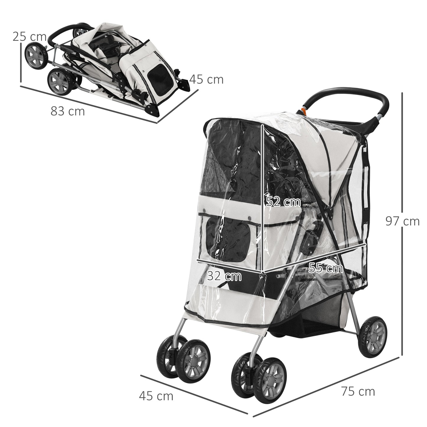 PawHut Hundebuggy Hundewagen bis 10 kg Klappbar Regenschutz Bodenkorb 2 Becherhalter 75 cm x 45 cm x 97 cm Grau