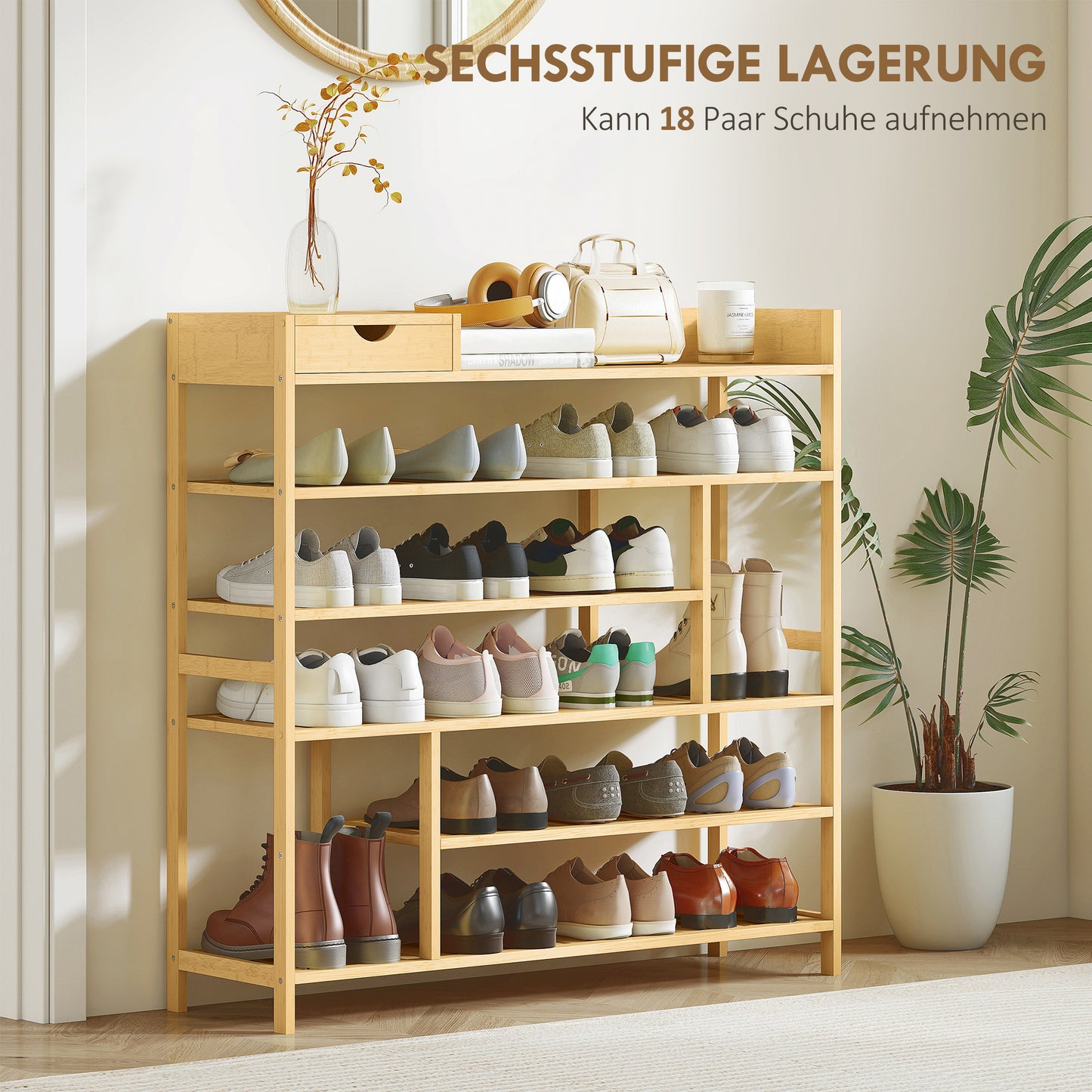 HOMCOM Schuhregal, Schuhständer mit 6 Ebenen, Schublade aus Bambus, für max. 18 Paar Schuhe, Schuhablage für Eingang, Schlafzimmer, 101 x 30 x 100 cm, Natur