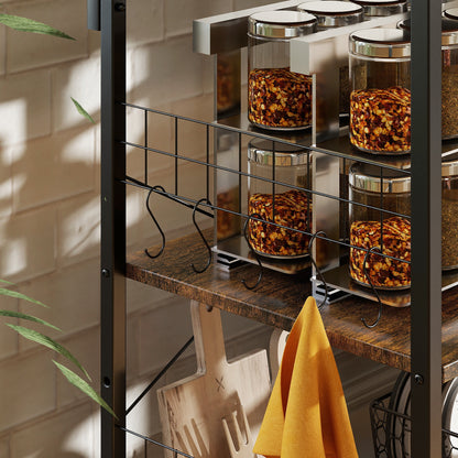 HOMCOM Küchenregal, Standregal mit 2 Steckdosen, 5 S-Haken, 5 Ablagen, Korb, X-Streben Stahl 90 x 42 x 130 cm