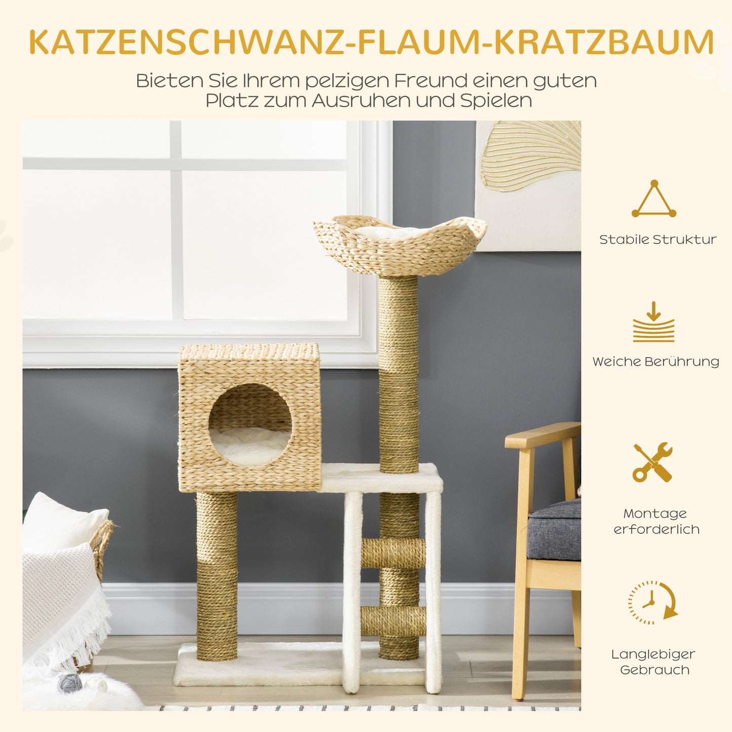 PawHut Kratzbaum mit Katzenhaus, Sisal-Kratzsäulen, waschbare Kissen, 100,5H x 57L x 37B cm, Weiß/Natur