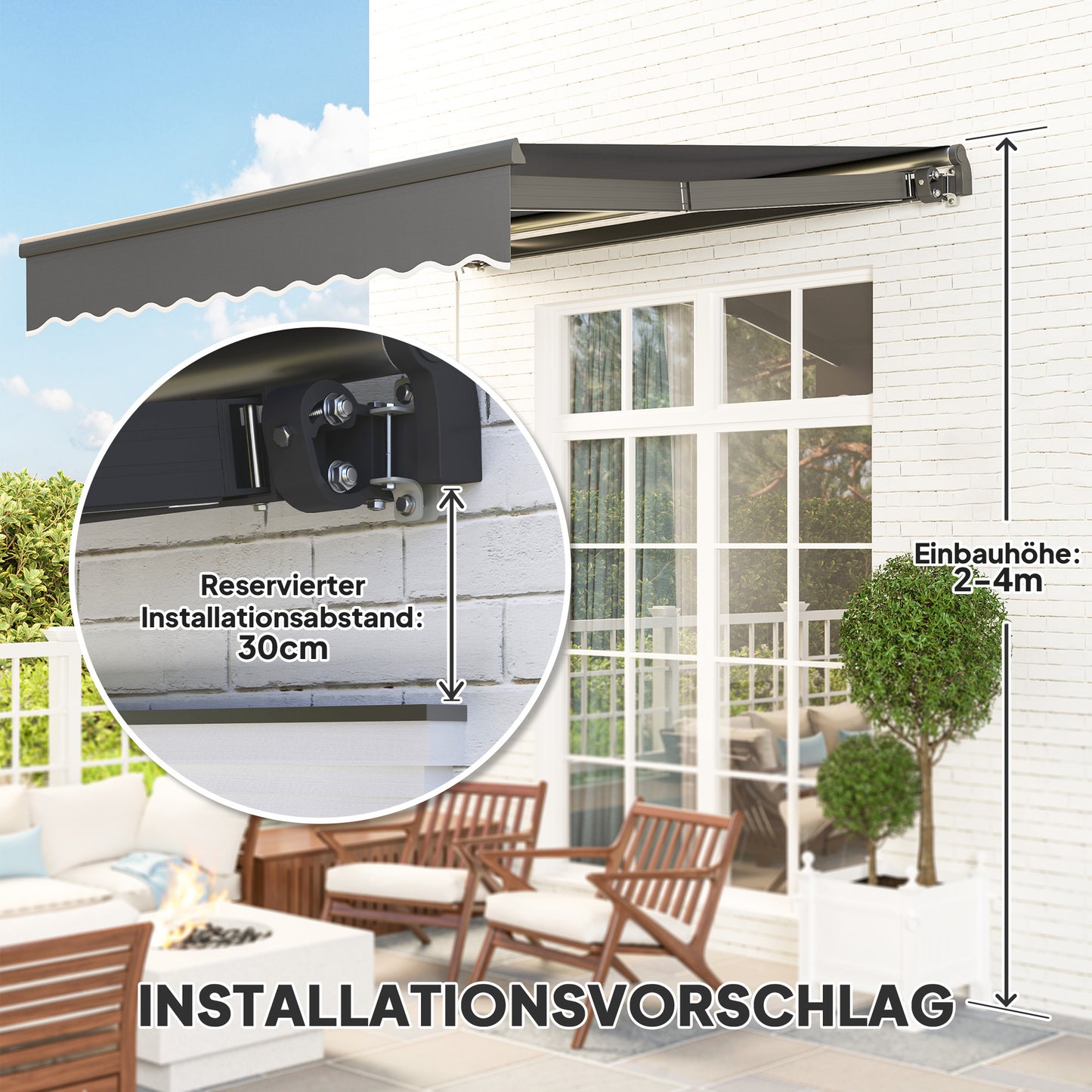 Outsunny Klemmmarkise mit Handkurbel Solar-Lichte Gelenkarmmarkise Markise Sonnenschutz UV 50+ 300 cm breit Grau