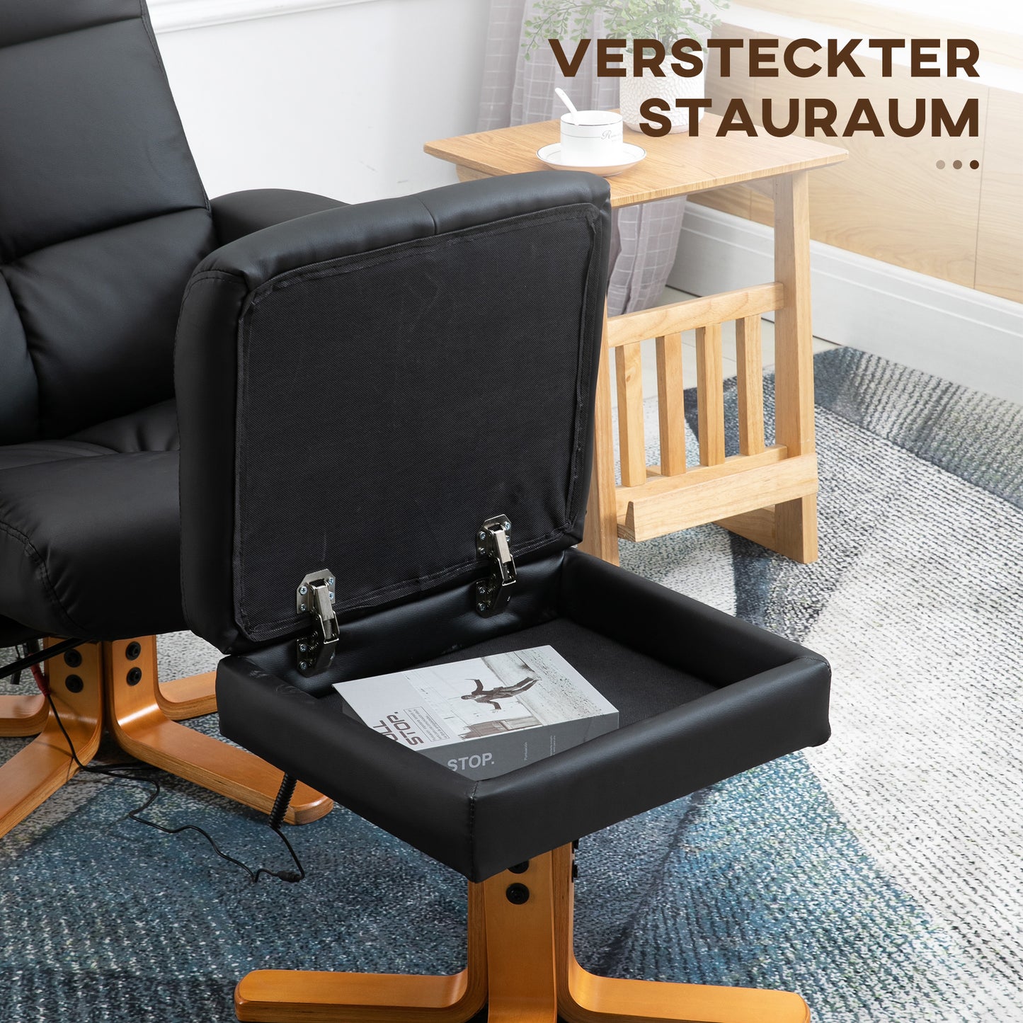 HOMCOM Massagesessel mit Hocker, 145° Neigbarer Relaxsessel mit Massagefunktion Liegefunktion Stauraum, TV-Sessel Fernsehsessel für Wohnzimmer, Kunstleder, 80 x 86 x 99 cm Schwarz