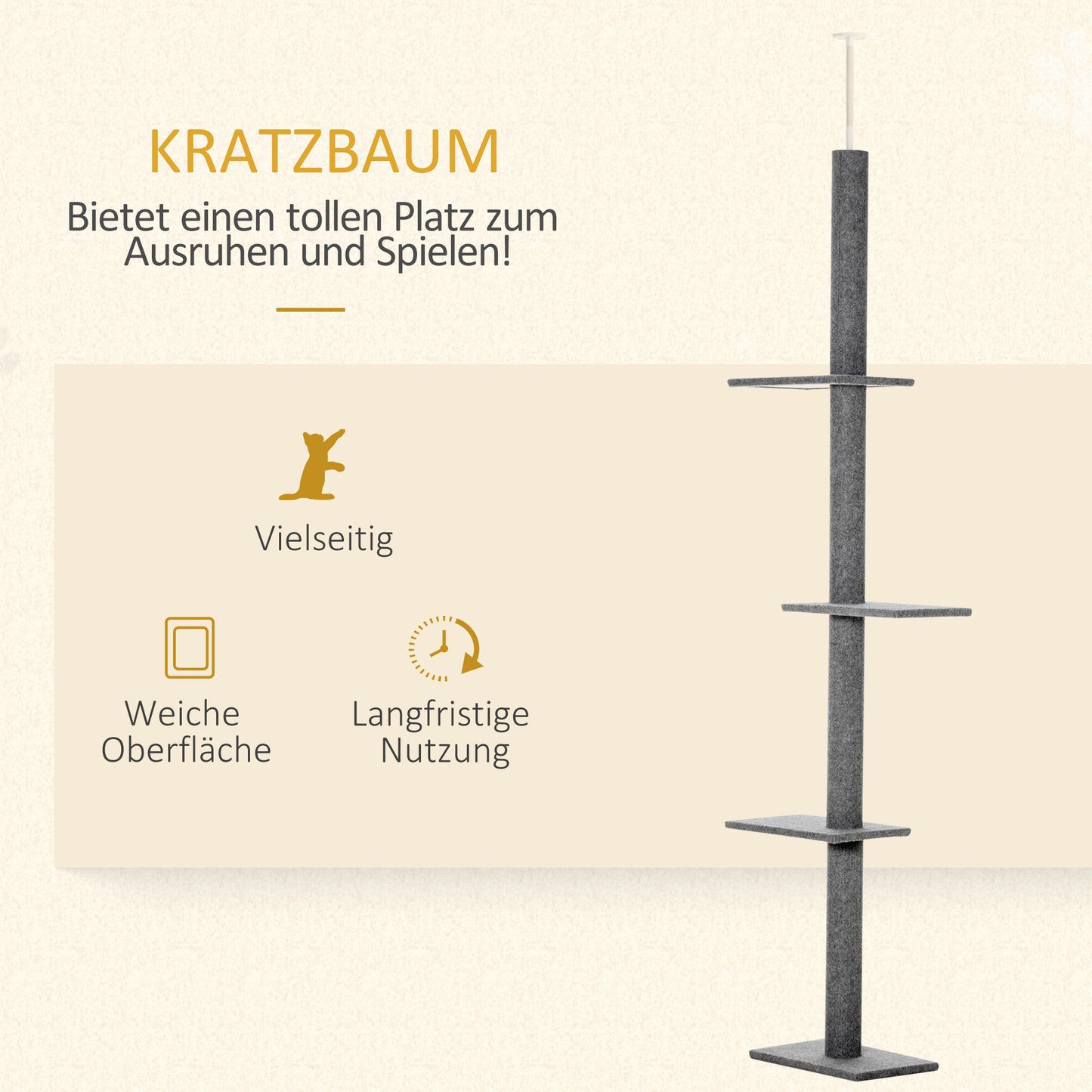PawHut Kratzbaum deckenhoch Höhe 228-260 cm Katzenbaum mit Plattformen mehrstöckiger Katzenkratzbaum Kletterbaum för små &amp; stora Katzen, Grau