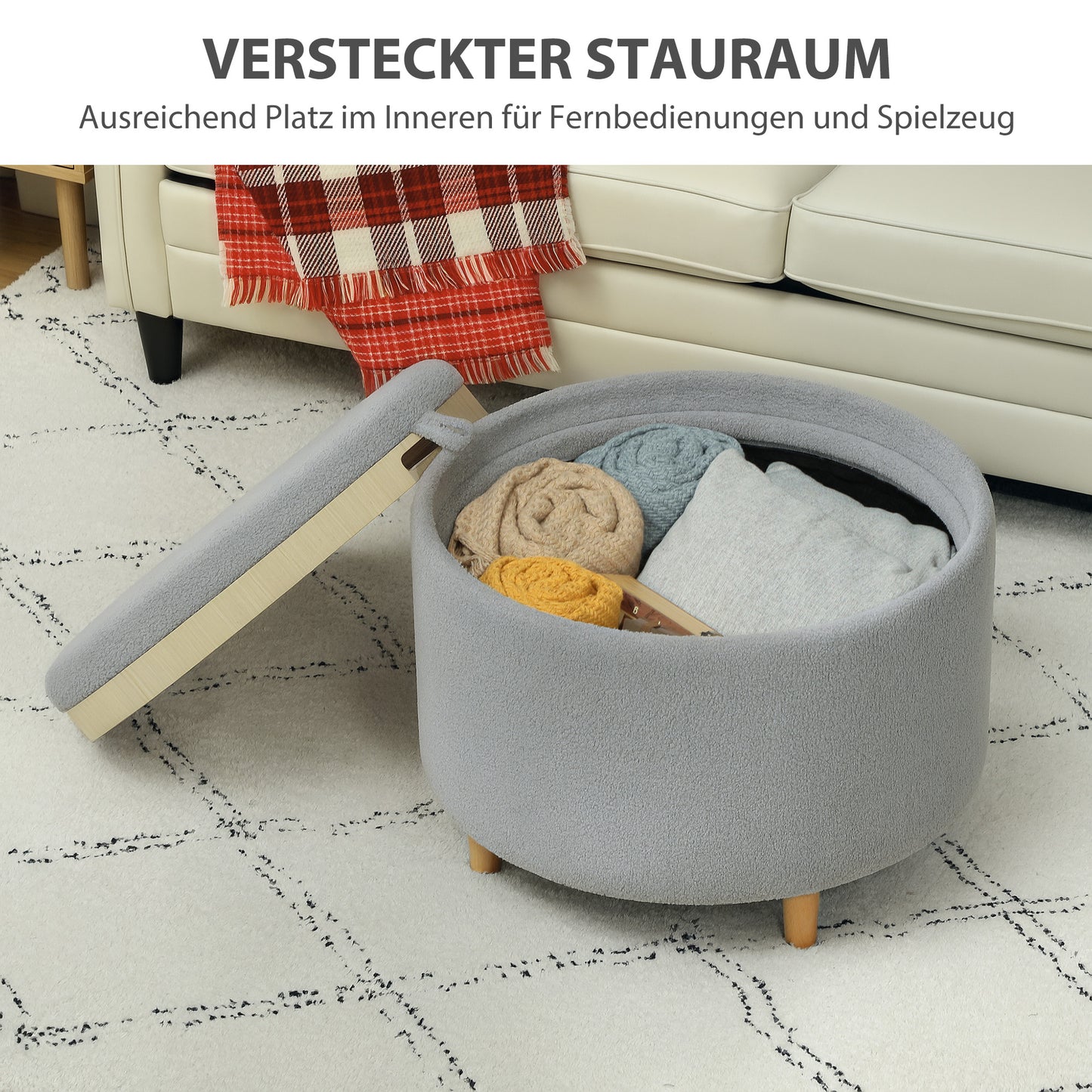HOMCOM Hocker Polsterhocker, Teddyfleece, versteckter Stauraum, umkehrbarer Deckel, 56 cm x 56 cm x 42 cm, Grau