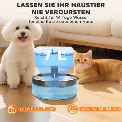 PawHut Katzenbrunnen 7L Trinkbrunnen für Katzen mit leiser Pumpe LED Aktivkohlefilter Edelstahl 30,6 x 30,6 x 17,2 cm