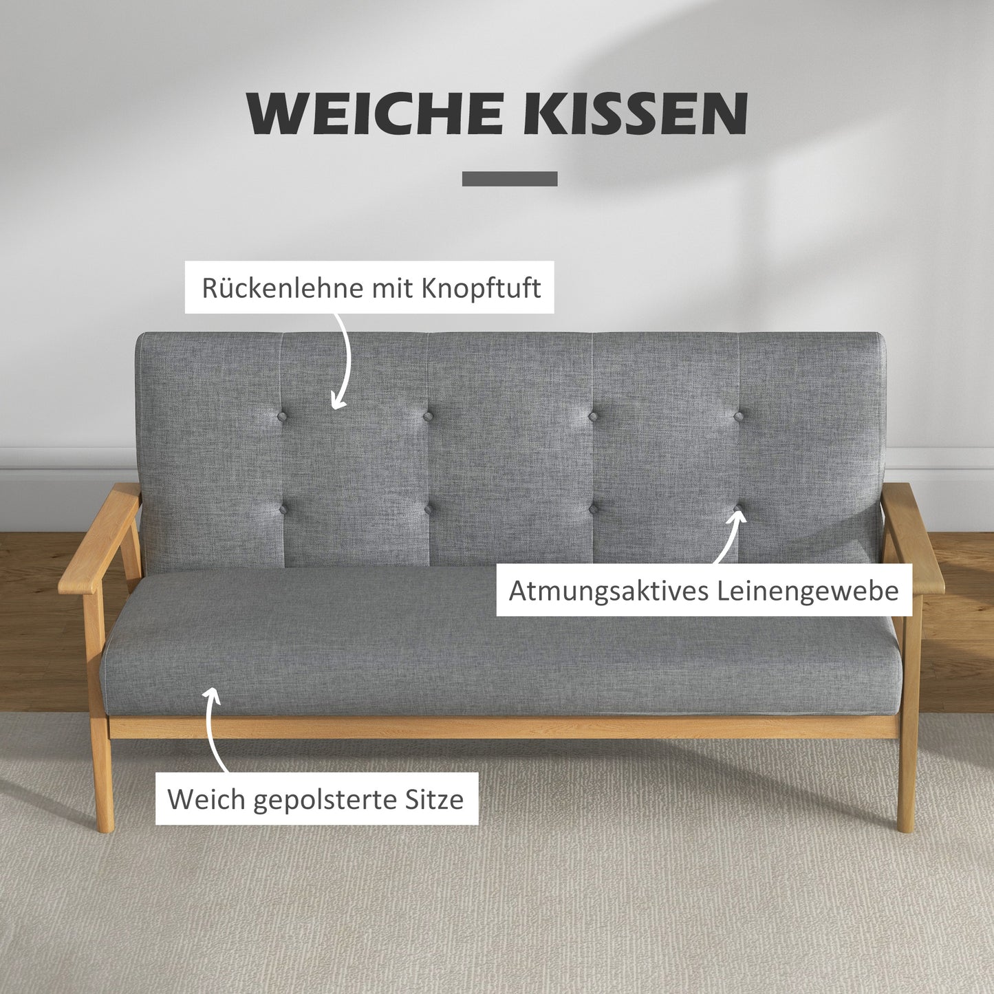 HOMCOM Dreisitzer-Polstersofa, Kautschukholz, 154,5 x 69,5 x 73 cm, Grau
