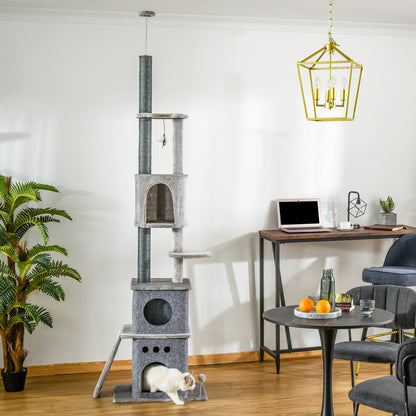 PawHut Kratzbaum Katzenbaum Deckenhoch Kletterbaum mit Katzenspielzeug Sisal Plüsch Hellgrau höhenverstellbar 60 x 40 x 225-255 cm