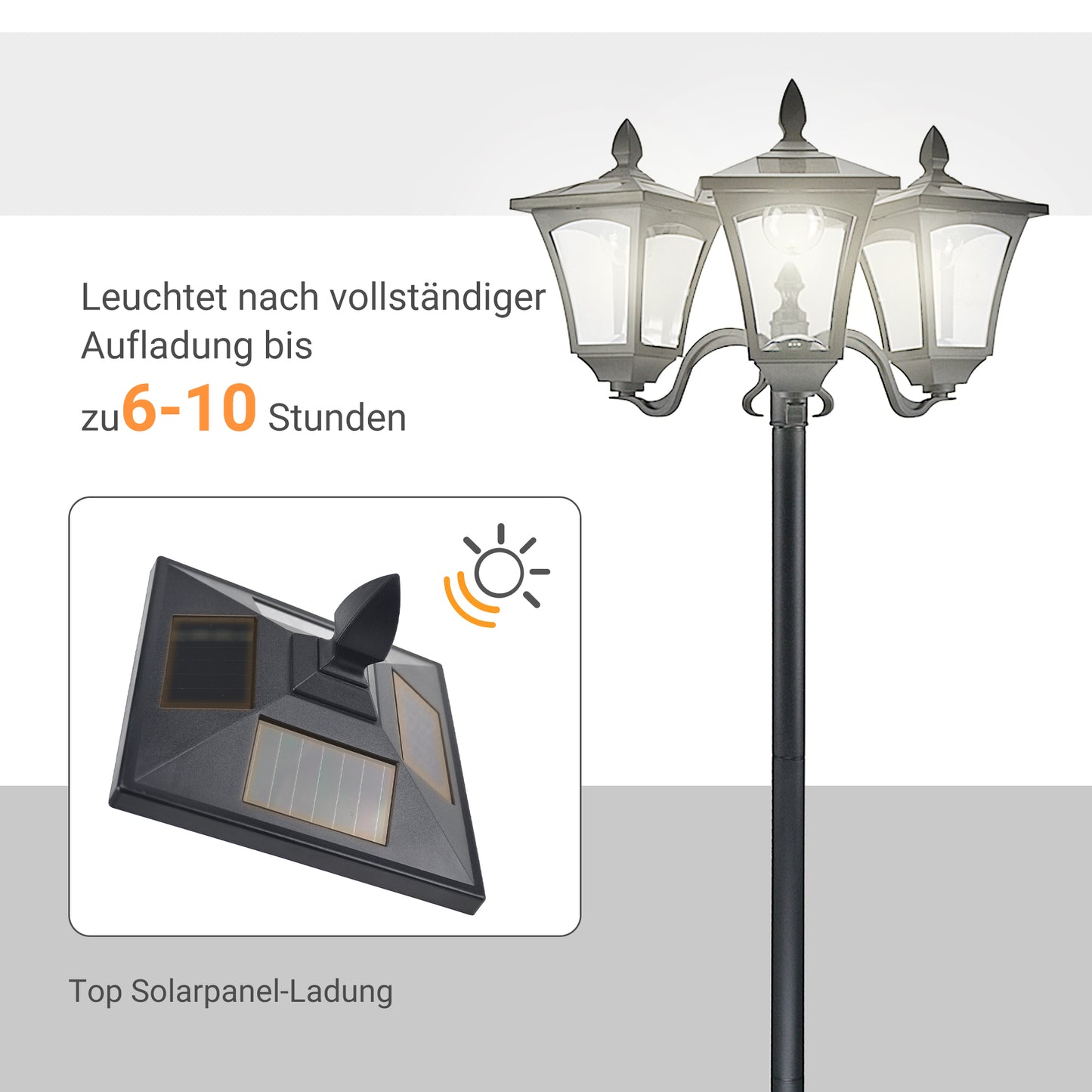 Outsunny Solar Gartenlaterne med 3 flammig Laterne Mast aus Edelstahl Solarlaterne med LED 120 Lumen 51,5x47x182,5cm Wegeleuchte IP44 för Garten Balkon Schwarz