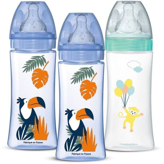 Set of 3 Baby Bottles - DODIE - Anti-colic - Round teats - 330 ml - +6 months - 3 speeds - Flow 3 - Blue and green