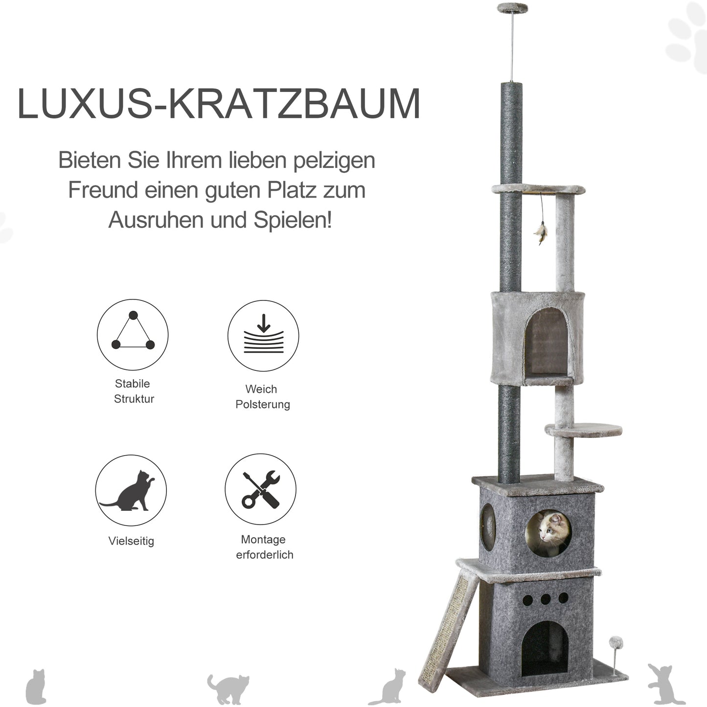 PawHut Kratzbaum Katzenbaum Deckenhoch Kletterbaum mit Katzenspielzeug Sisal Plüsch Hellgrau höhenverstellbar 60 x 40 x 225-255 cm