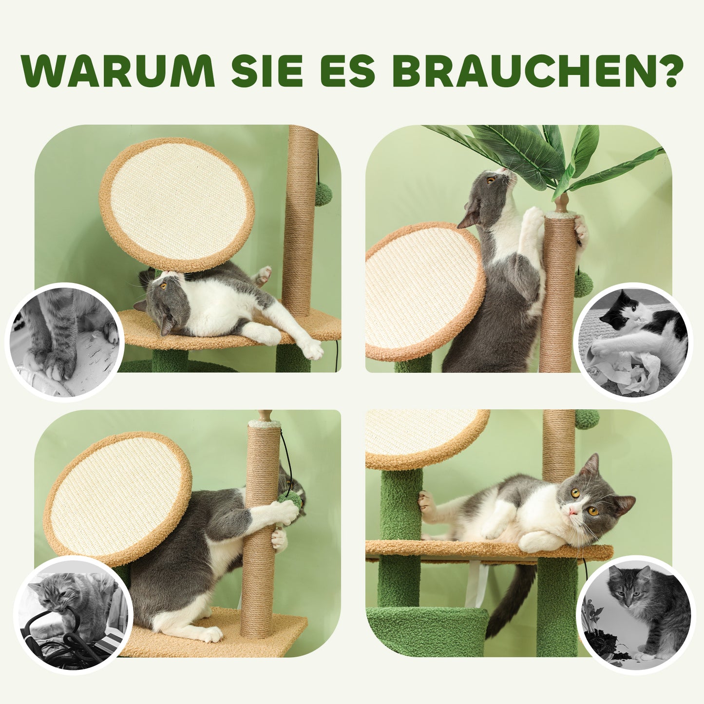 PawHut Kratzbaum, 139 cm Katzenbaum mit Höhle, Spielbällen, Sisal-Kratzpfosten och Plattformen, für zwei Katzen, Grün