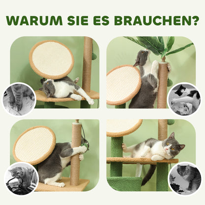 PawHut Kratzbaum, 139 cm Katzenbaum mit Höhle, Spielbällen, Sisal-Kratzpfosten och Plattformen, für zwei Katzen, Grün