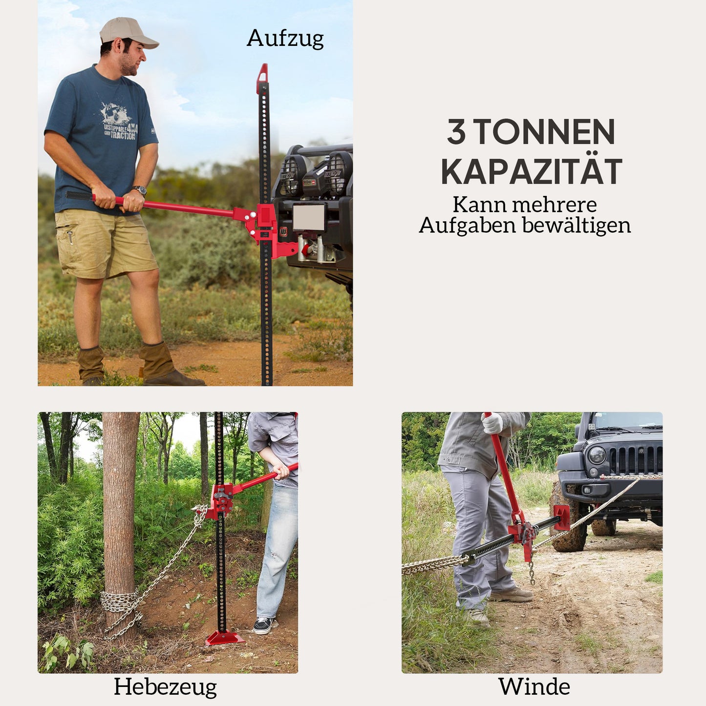 HOMCOM Farm Jack Wagenheber 135 cm 3000 kg Tragkraft Offroad Stockwinde aus Stahl Rot+Schwarz