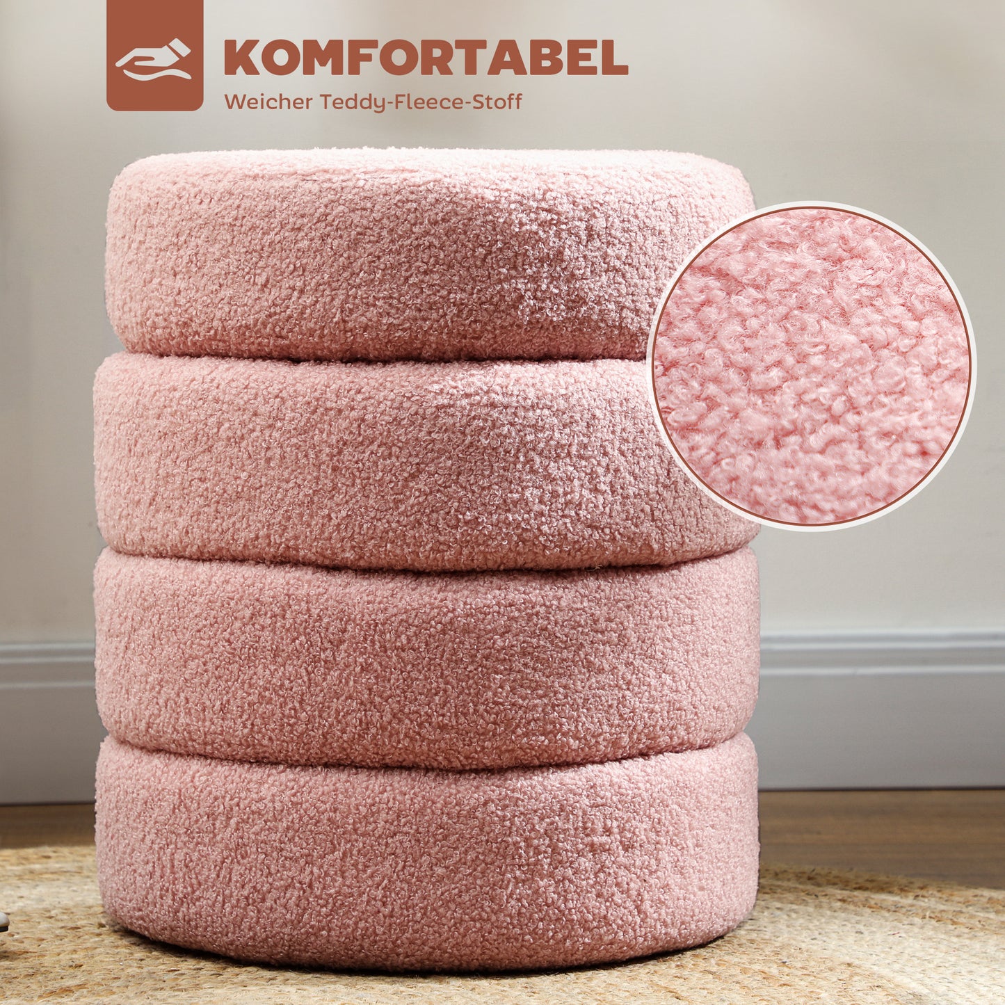 HOMCOM Hocker, rund, Teddyfleece, bis 120kg, Φ40x45H cm, Rosa