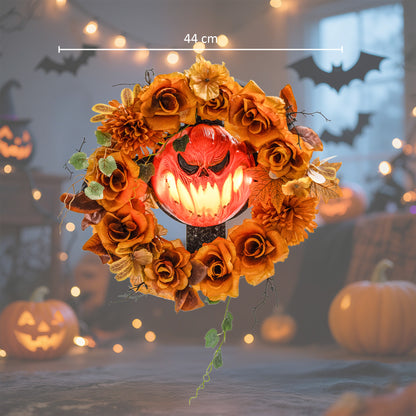 Outsunny Halloween-Kranz, Grusel-Kürbis-Design, Herbstblätter, Lichteffekte, Kunststoff