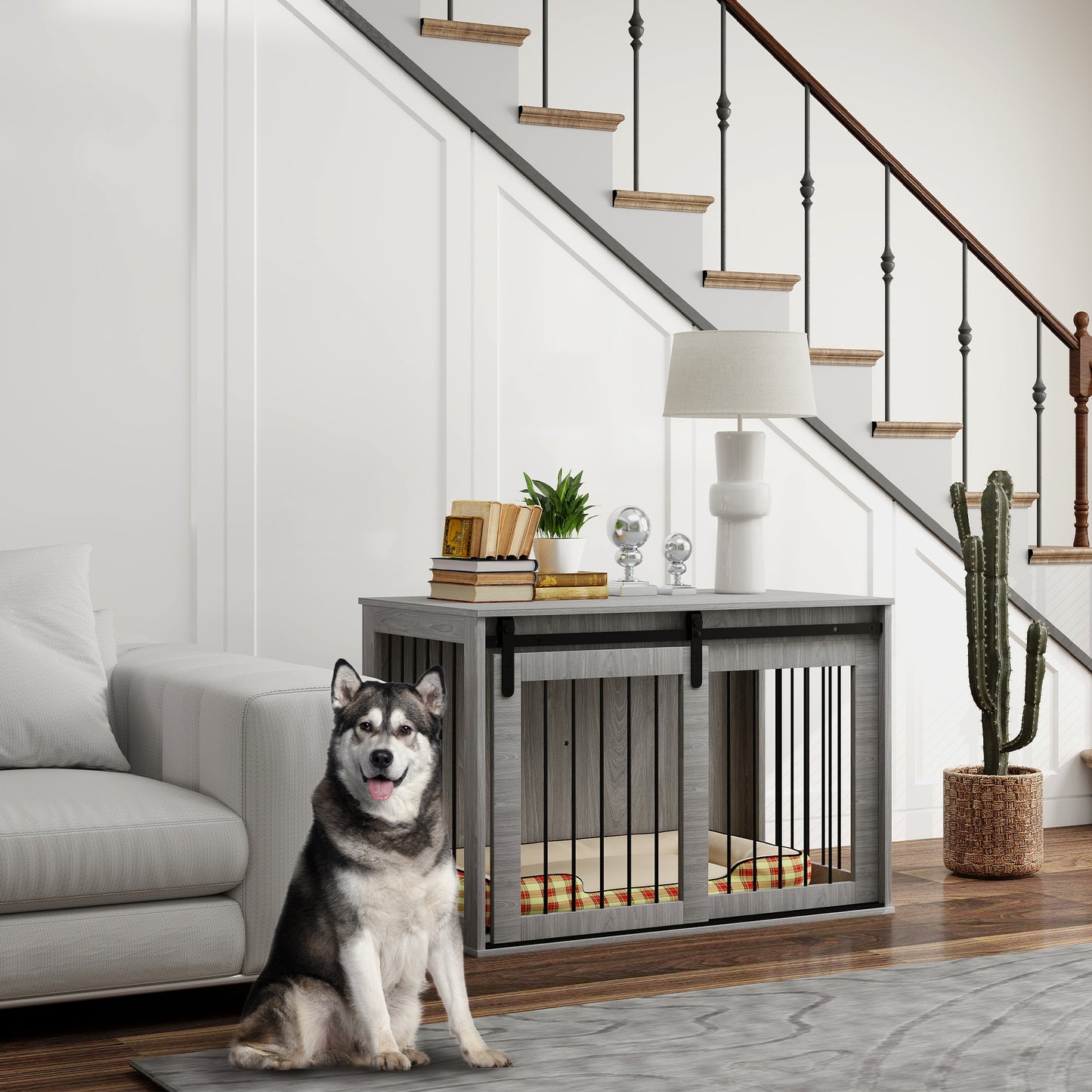 PawHut Hundebox mit Schiebetür, Belüftung, Spanplatte och Stahl, 98 x 58 x 61 cm, Grau