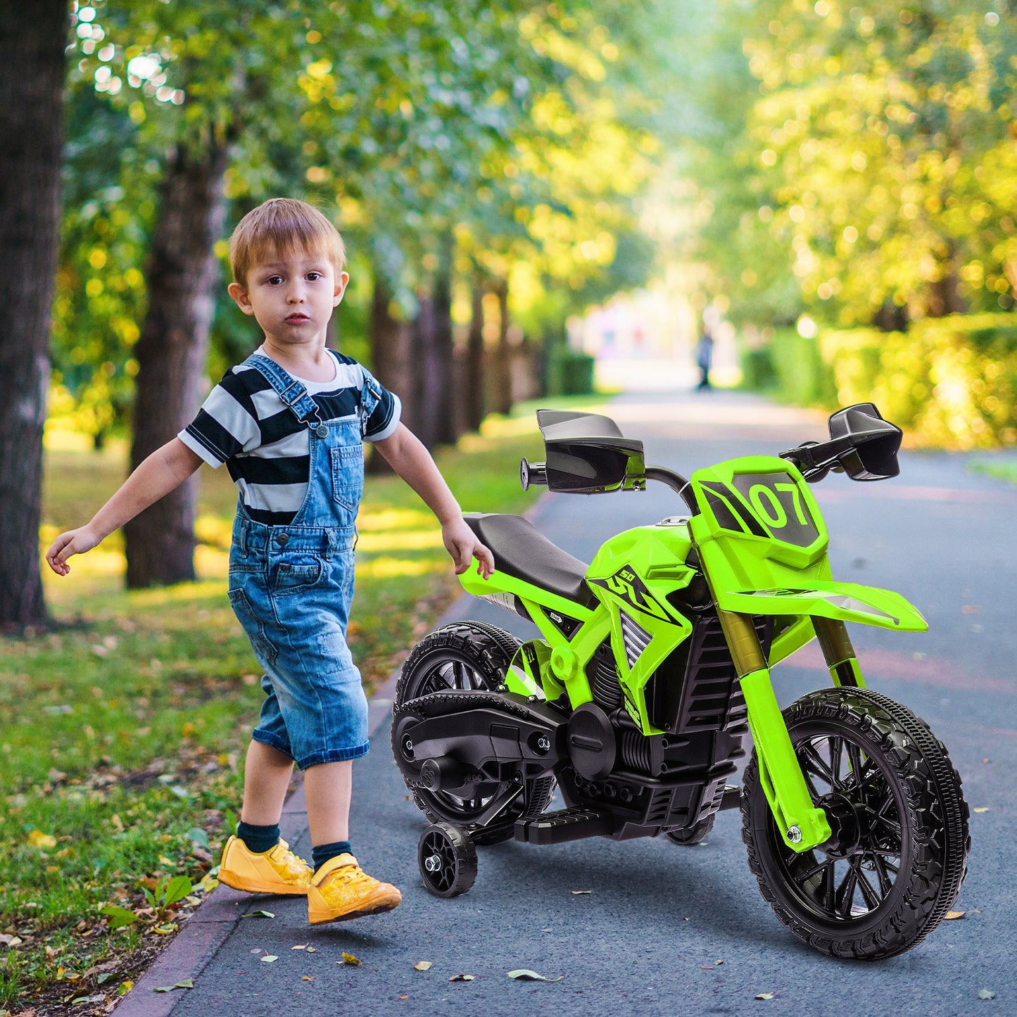 AIYAPLAY Elektro-Motorrad für Kinder, 6V Batterie-Antrieb, Stützräder, Hupe, Startgeräusch, 3-8 Jahre, Grün