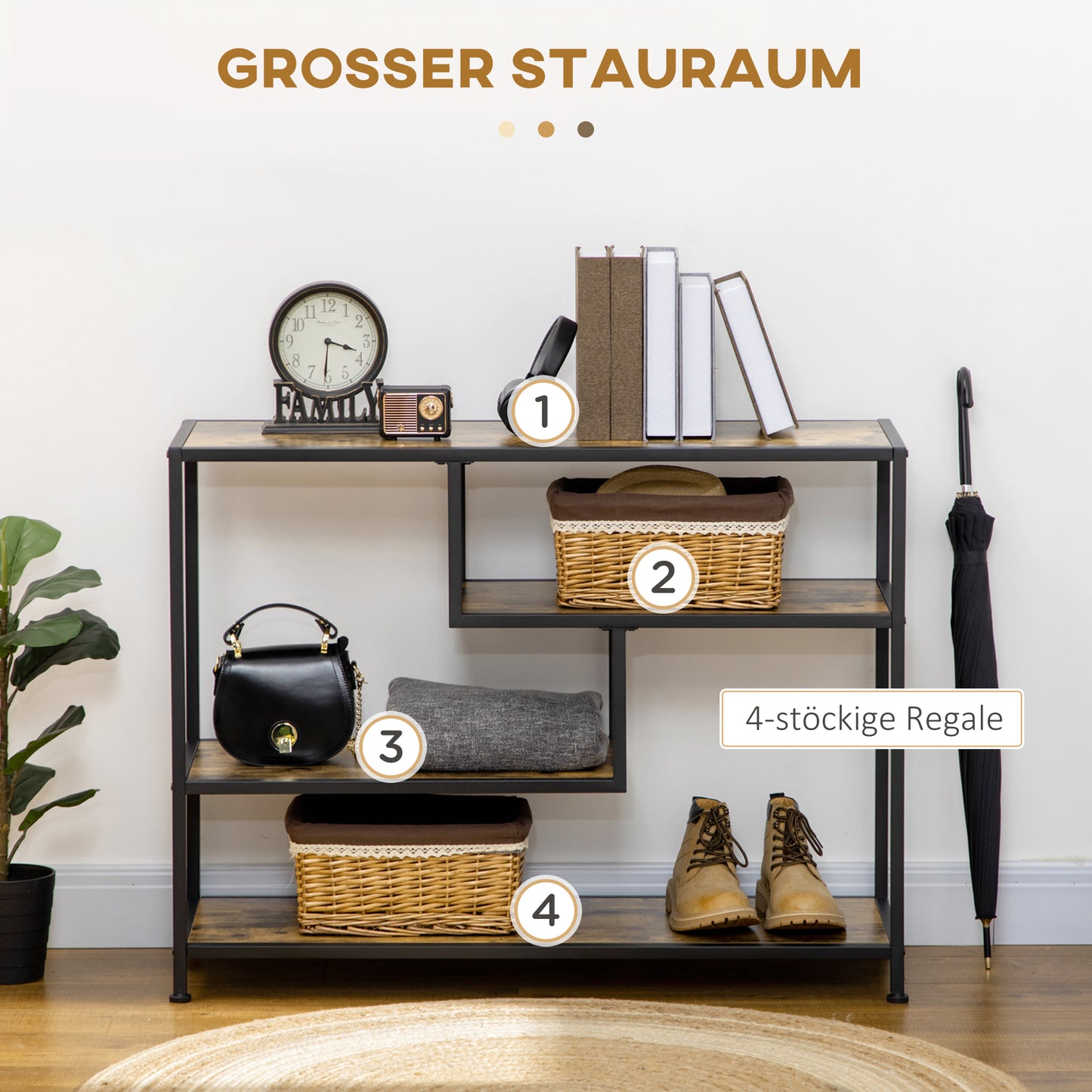 HOMCOM Regal, Konsolentisch, Industrial Design, 4 Böden, Stahlrahmen, 99,6 x 33,6 x 74 cm