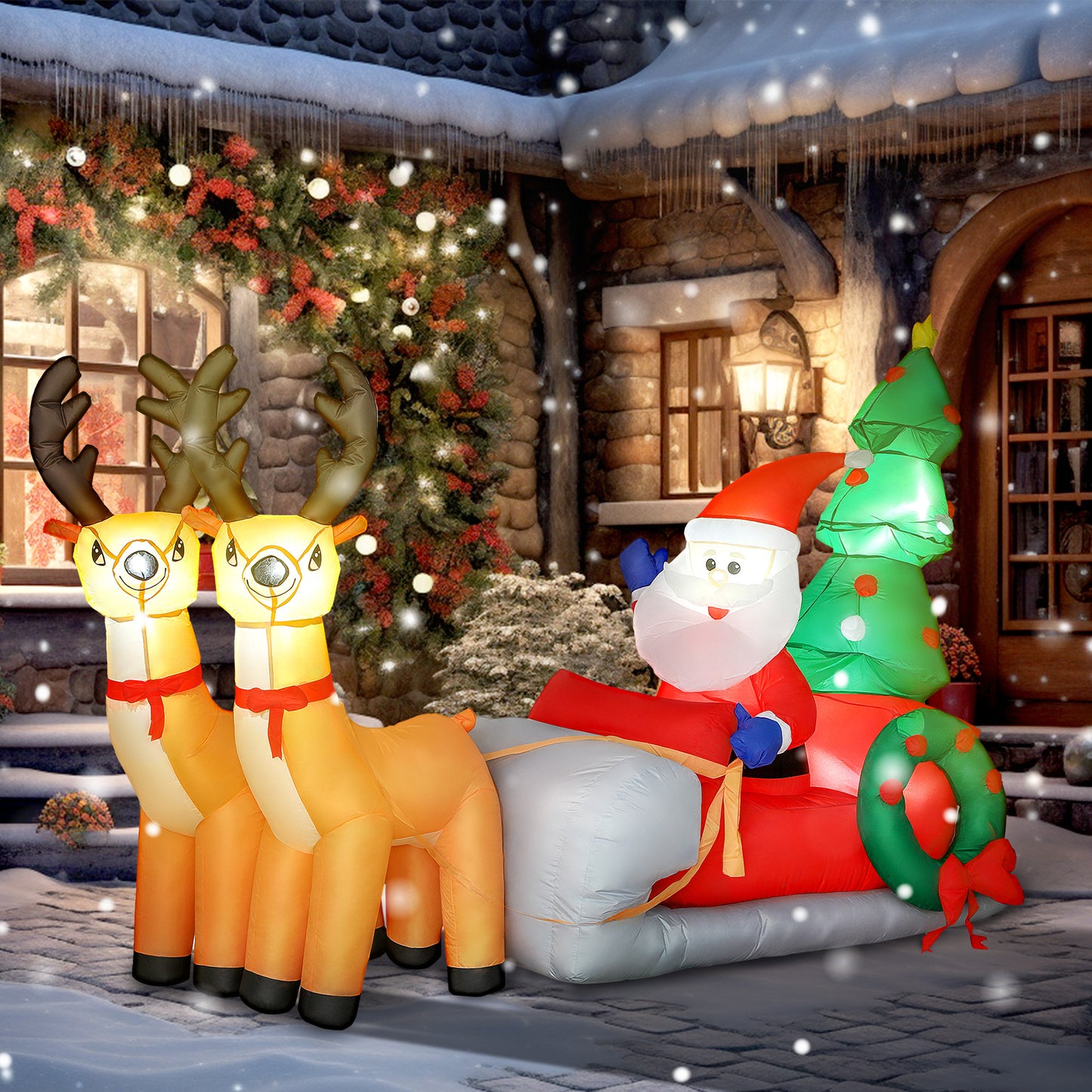 Outsunny Aufblasbare Weihnachtsdekoration, Weihnachtsmann in Rentierschlitten, Polyesterstoff, LED-Lichter, Bunt