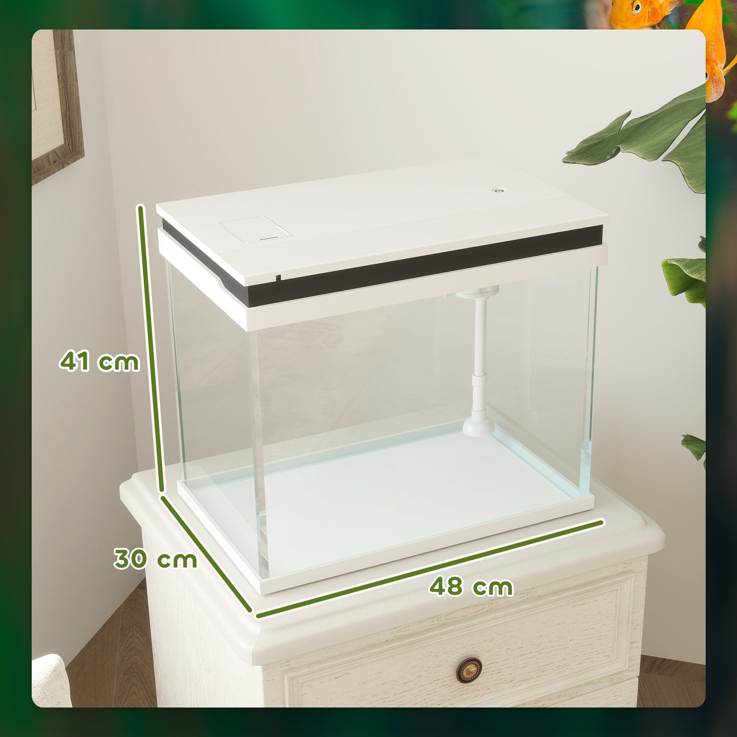 PawHut 41 liter glas-akvarium med filtersystem, LED-lampa, vattenpumpar, för olika fiskarter, Weiß