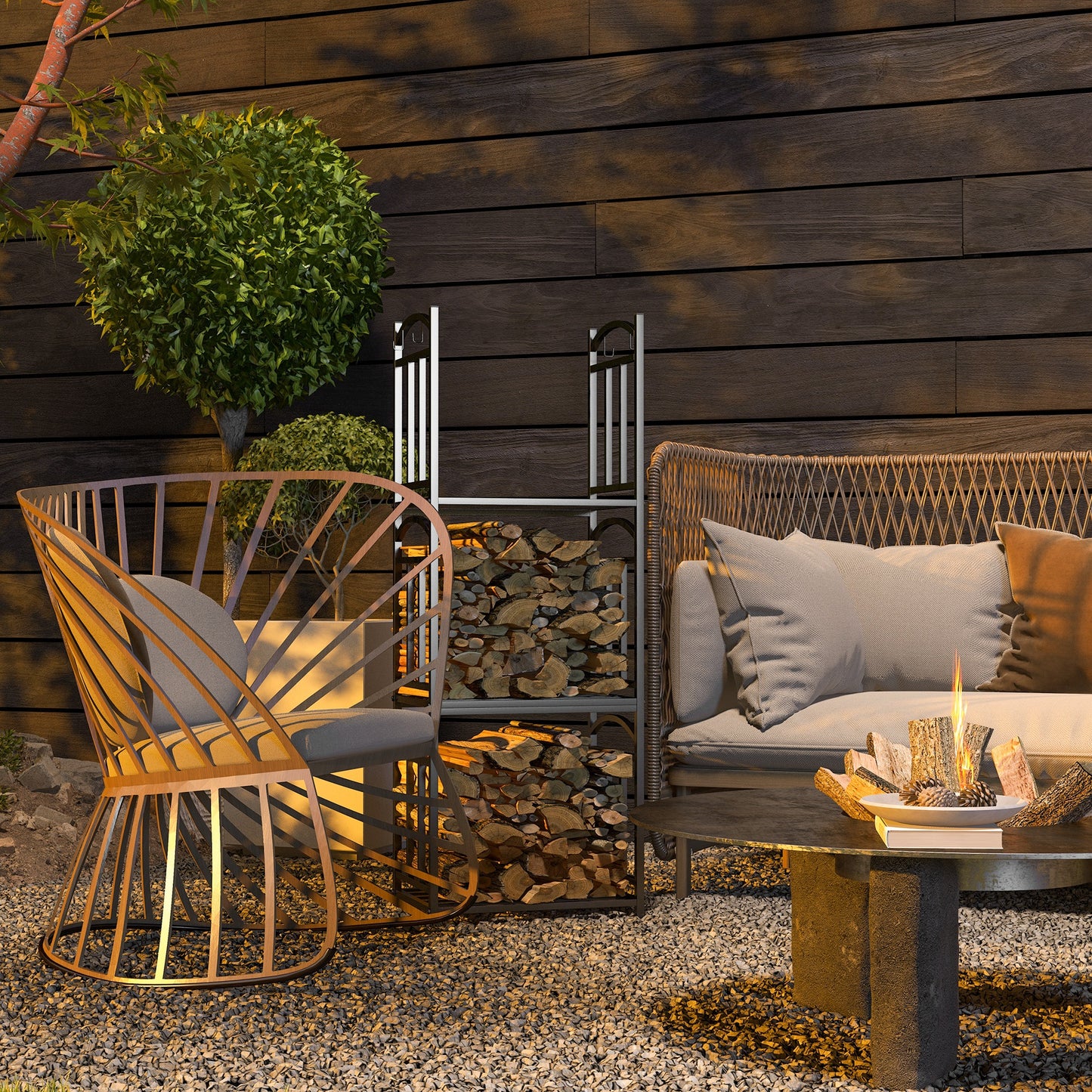 Outsunny Kaminholzregal för inomhus 46 x 32 x 126 cm 3 Ebenen Brennholzregal med 4 Haken Metall Schwarz