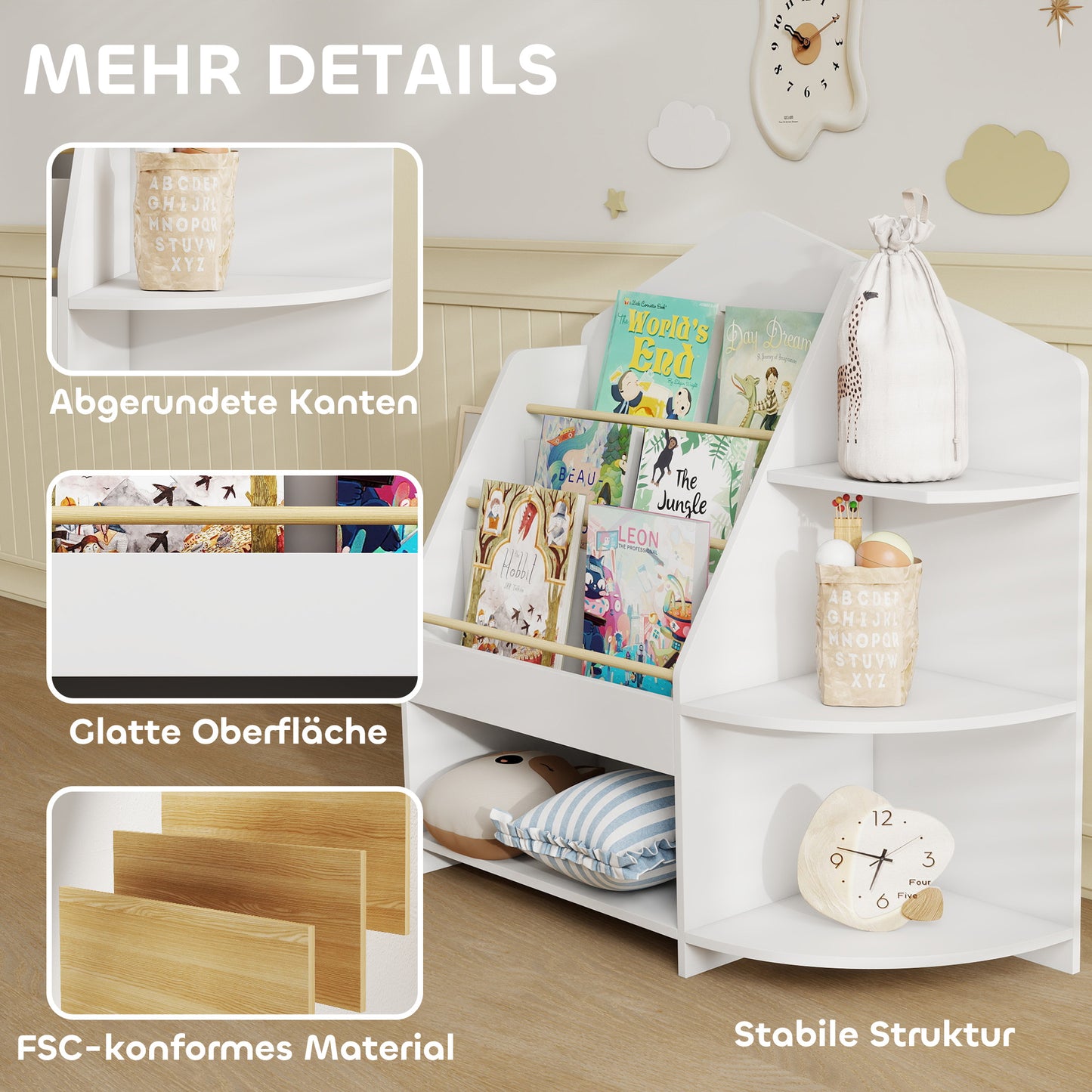 AIYAPLAY Kinderregal mit 7 Regalen für Bücher, Spielzeug, runde Kanten, trägt 40 kg, Weiß