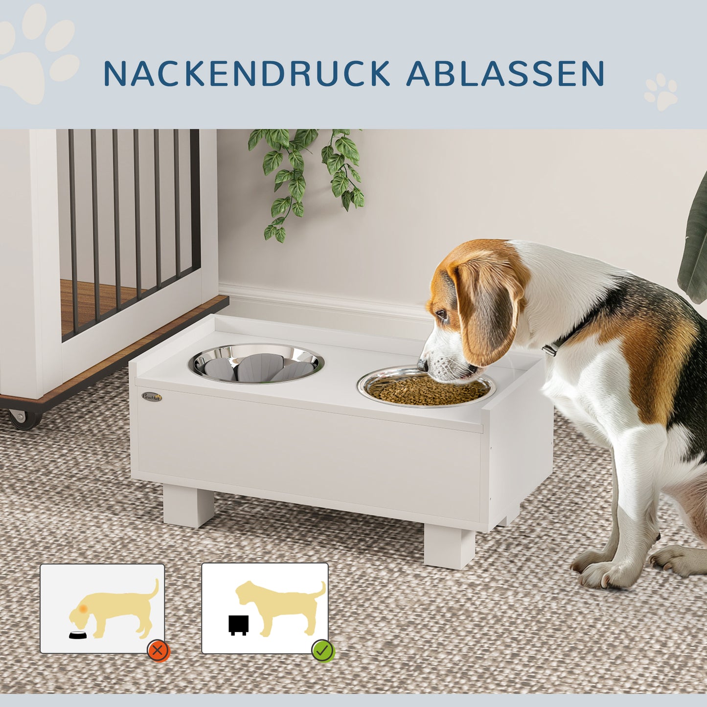 PawHut Erhöhte Fütterungsstation für Hunde, mit abnehmbarer Slow-Feeder-Matte, 2 Aluminiumschüsseln, Staurum, Weiß