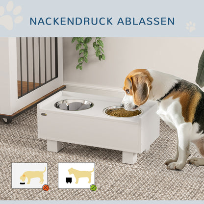 PawHut Erhöhte Fütterungsstation für Hunde, mit abnehmbarer Slow-Feeder-Matte, 2 Aluminiumschüsseln, Staurum, Weiß