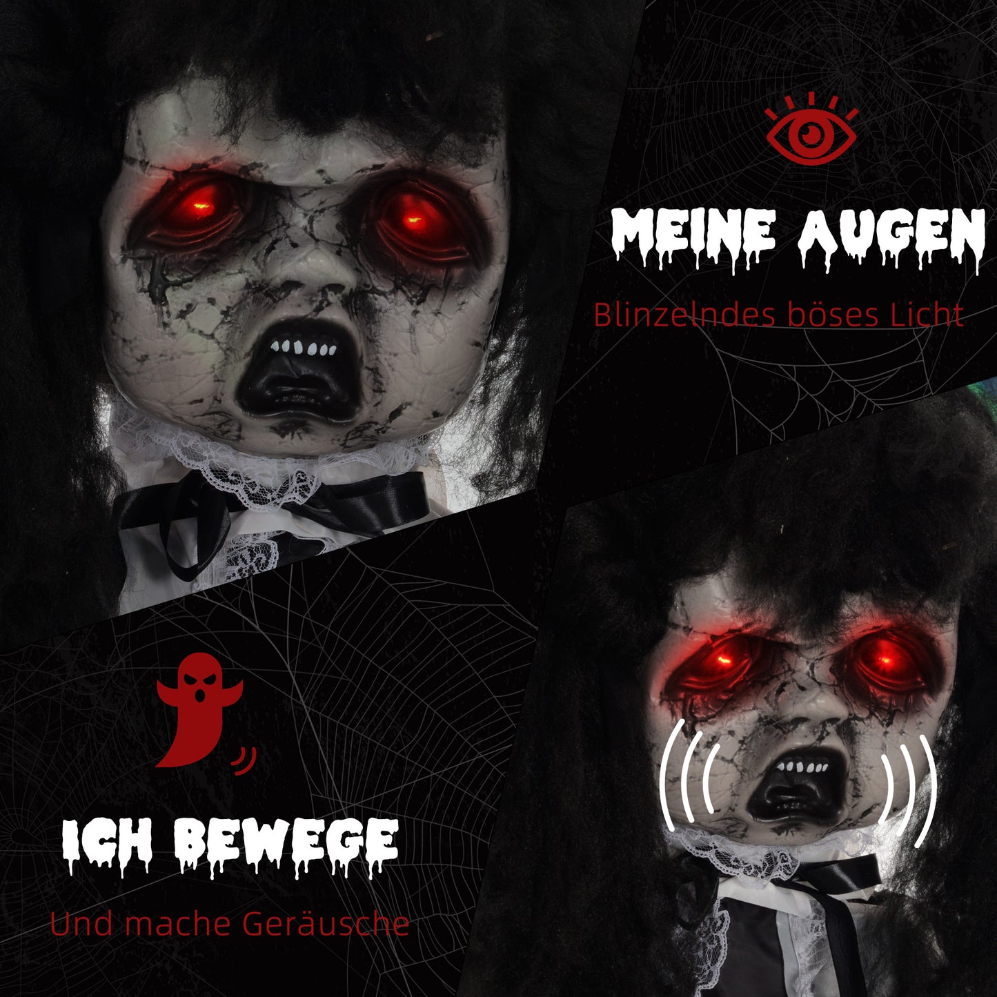 HOMCOM Horrorpuppe, Helloweendeko, gruselige Stimme & Musik, rote Augen, beweglich, 160 cm