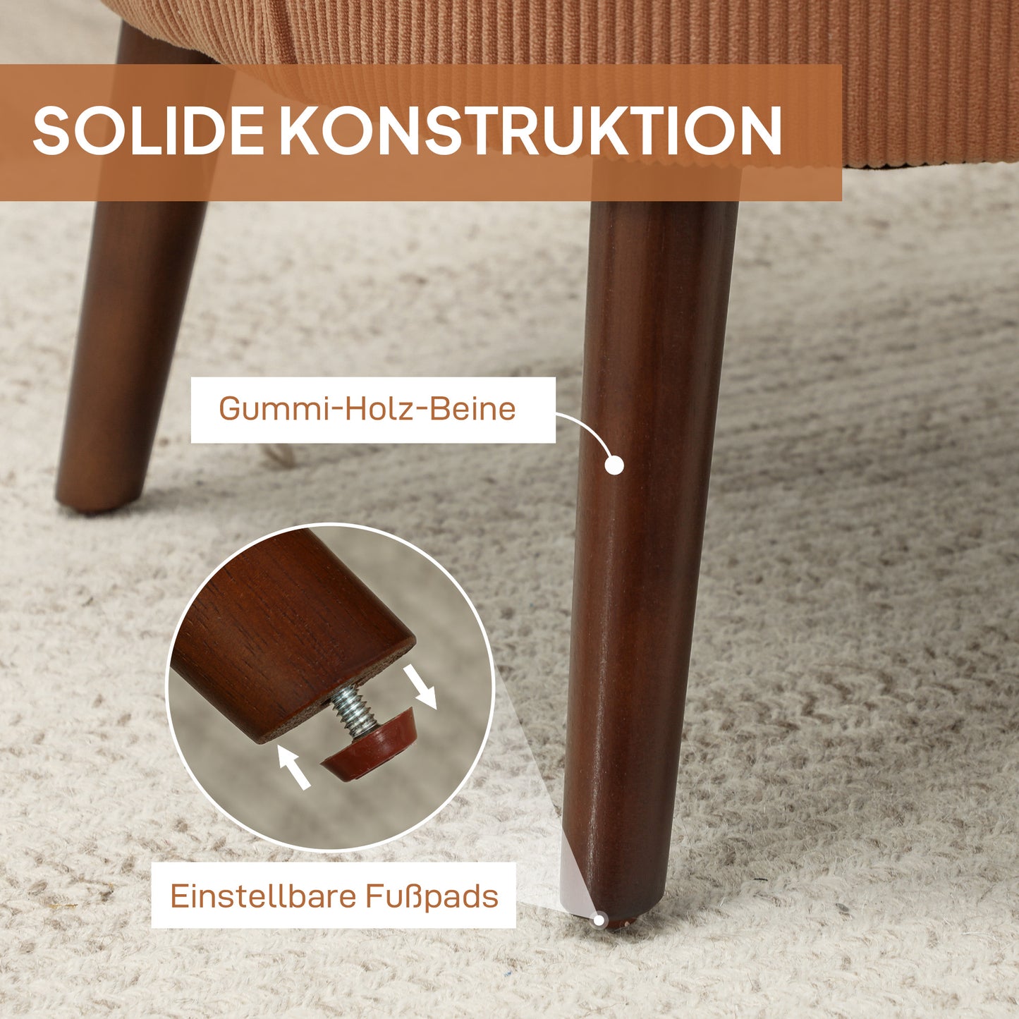 HOMCOM Moderner Armlehnstuhl, Gepolsterter Akzentstuhl mit Lendenkissen, Kautschukholzbeinen, Orange