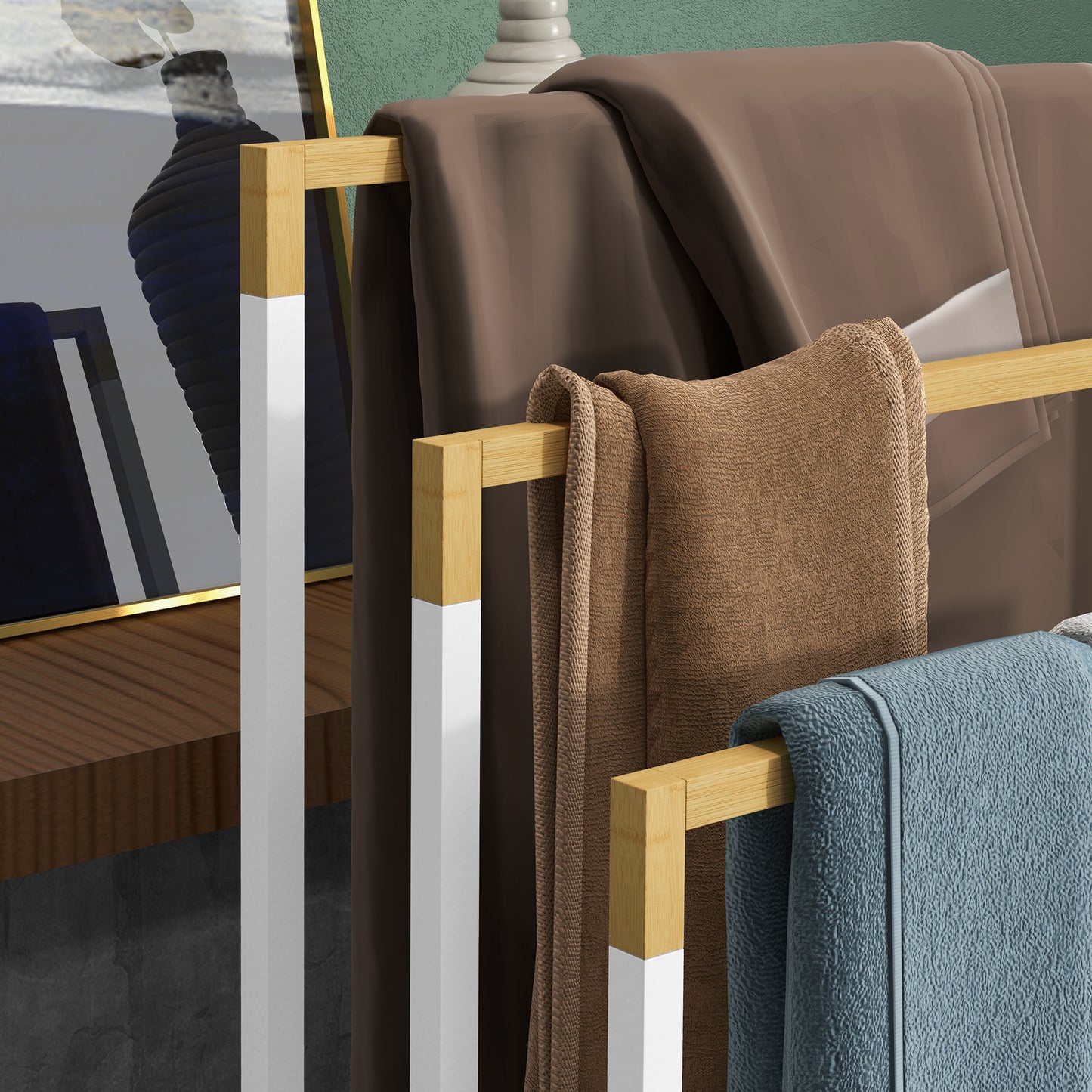 kleankin Handtuchhalter Handtuchalter-Set 3 Handtuchstangen, Industriedesign, Bambus, 45 x 22,5 x 86 cm, Weiß + Natur