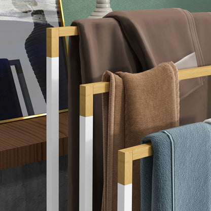 kleankin Handtuchhalter Handtuchalter-Set 3 Handtuchstangen, Industriedesign, Bambus, 45 x 22,5 x 86 cm, Weiß + Natur