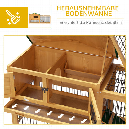 PawHut Hasenstall 2 Ebenen Kaninchenstall Tannenholz Winterfest Doppelstockhaus mit Freilaufgehege Rampe 150x52x68 cm Gelb