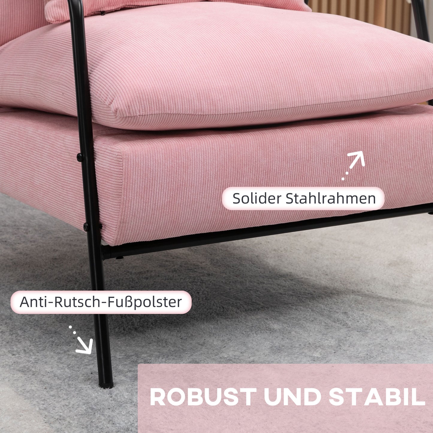 HOMCOM Sessel mit Ottomane, inkl. Kissen, 68 cm x 91,5 cm x 88 cm, Rosa