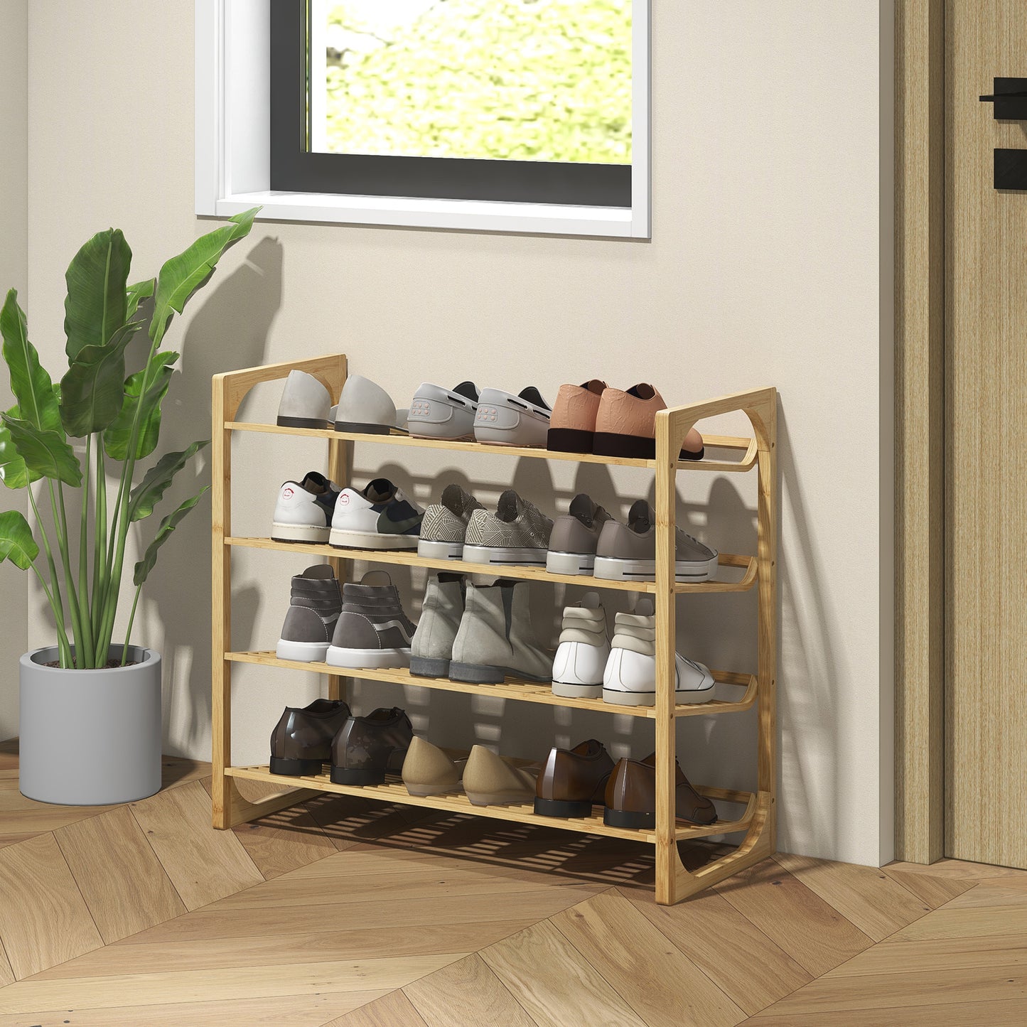 HOMCOM Schuhregal aus Bambus, 15,5 cm Regalhöhe, belüftetes Latten-Design, 76 x 33 x 67 cm, Naturholz-Effekt