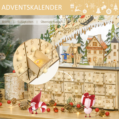 HOMCOM Adventskalender Weichnachtsdekoration Weihnachtsdeko, 24 Schubladen, LED-Lichter, 39 cm x 9 cm x 42 cm, Weiß + Grün