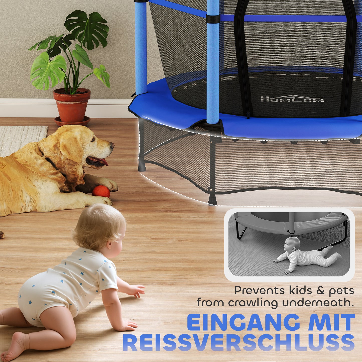 HOMCOM Trampolin für Kinder, Ø140 cm, mit Sicherheitsnetz, für innen und außen, Stahl, Kunststoff, belastbar bis 50 kg, Blau