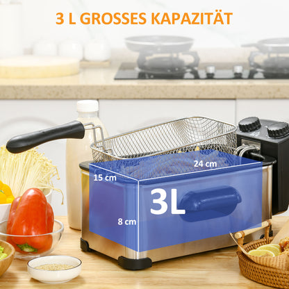 HOMCOM Fritteuse, 3 Liter, 2.000W Leistung, Klarsichtdeckel, kühler Griff, Schwarz