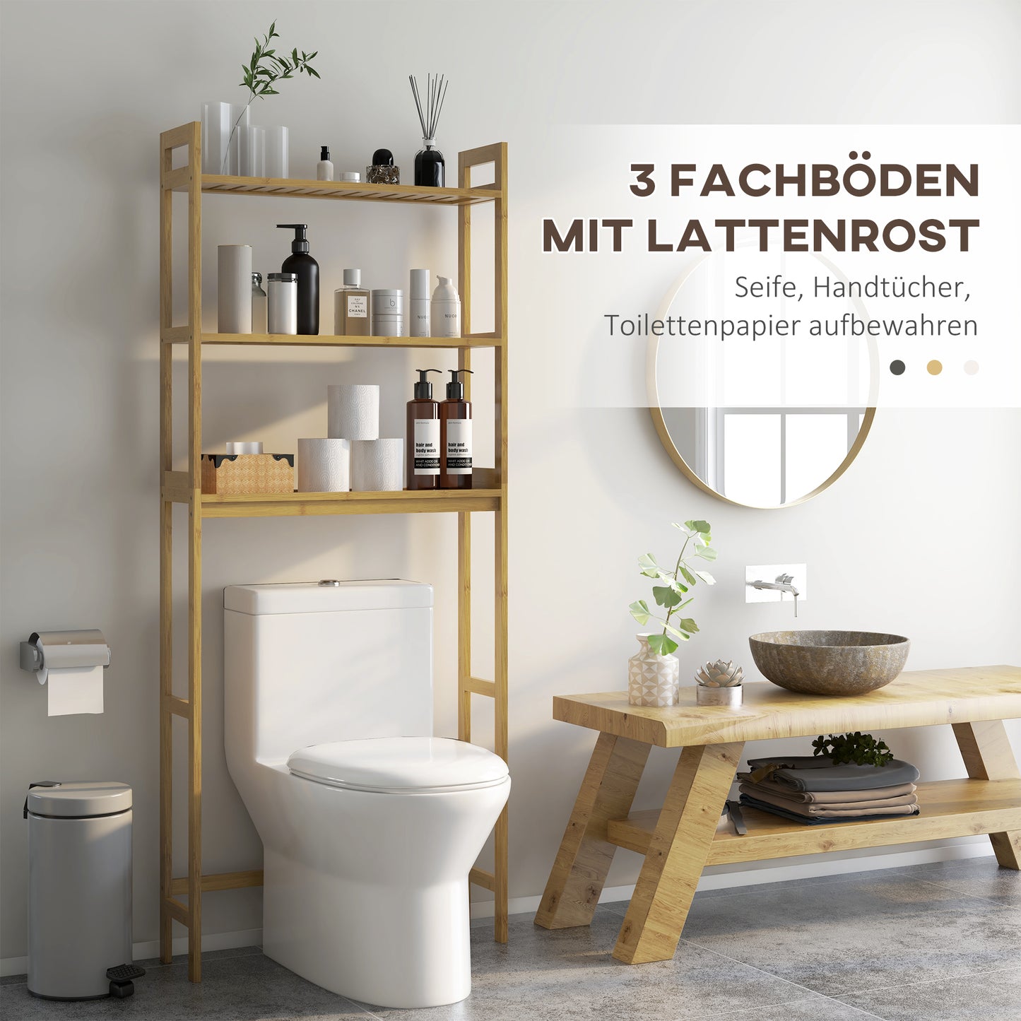 kleankin Badezimmerregal Badregal Toilettenregal, 3 Regale, wasserbeständig, 68 cm x 20 cm x 165 cm, Natur