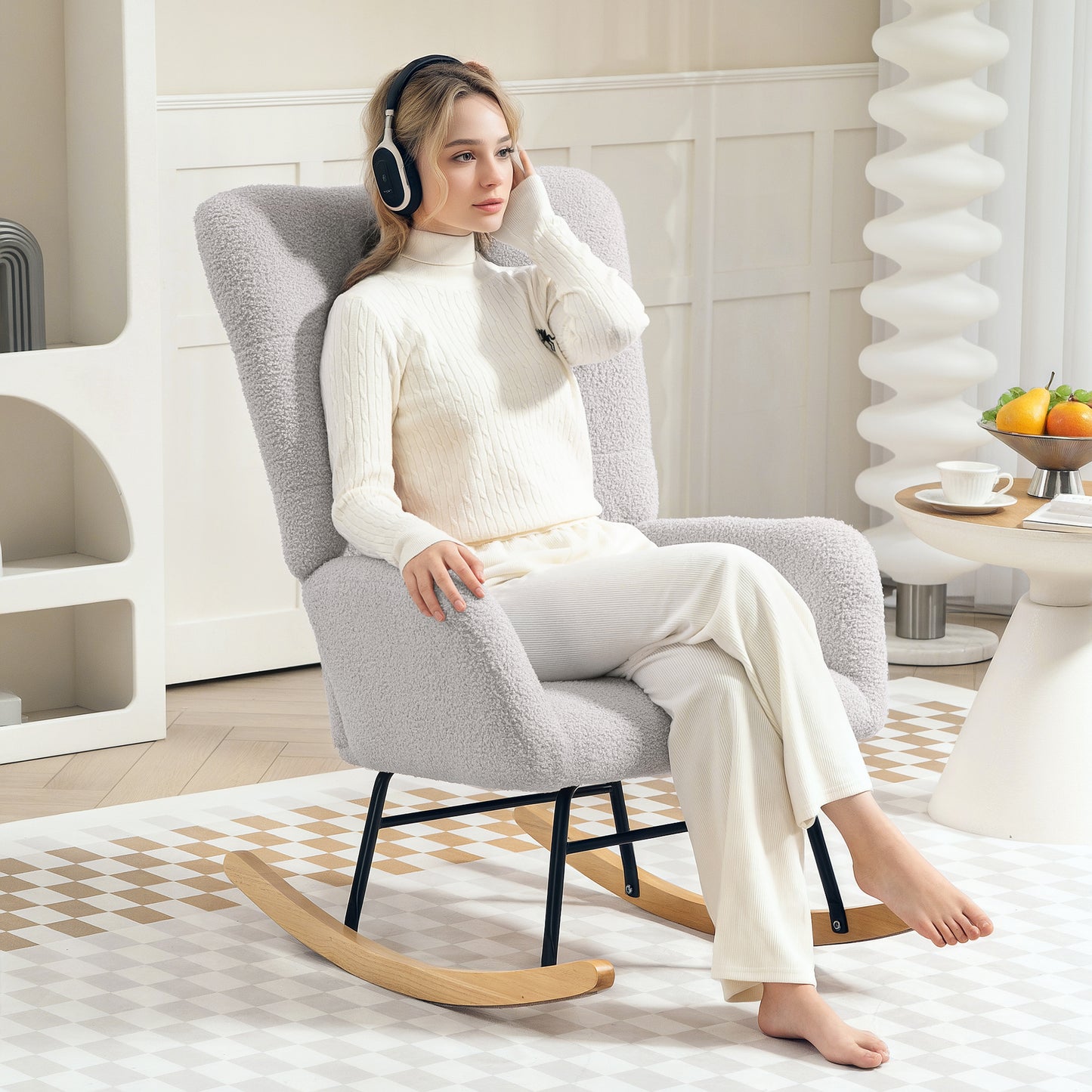 HOMCOM Schaukelstuhl, kuscheliger Bezug, dicke Polsterung, rutschfest, Hellgrau