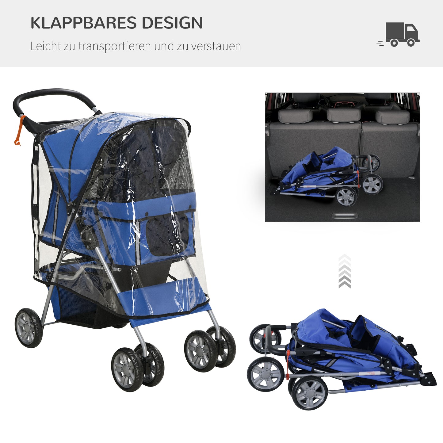 PawHut Hundebuggy Hundewagen bis 10 kg Klappbar Regenschutz Bodenkorb 2 Becherhalter 75 cm x 45 cm x 97 cm, Blau