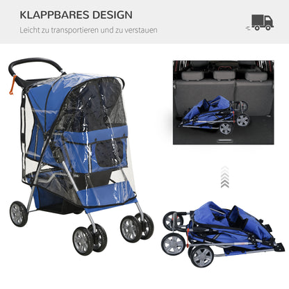 PawHut Hundebuggy Hundewagen bis 10 kg Klappbar Regenschutz Bodenkorb 2 Becherhalter 75 cm x 45 cm x 97 cm, Blau