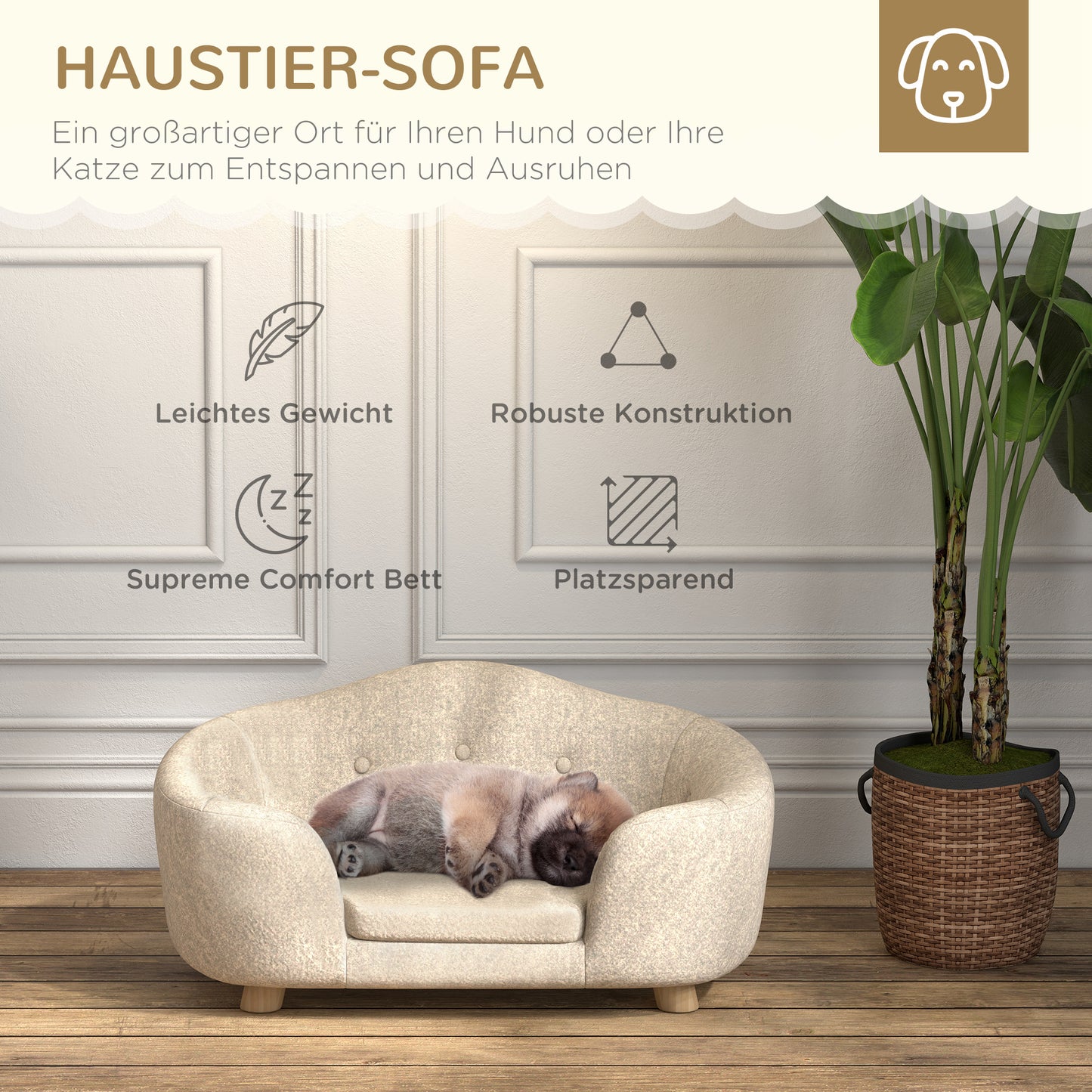 PawHut Haustiersoffa Hundematte Hundebett Hundesofa Hundecouch Katzen Sofa mit Kissen Rückentasche Plüsch Schaumstoff Kiefernholz Cremeweiß 70 x 47 x 30 cm