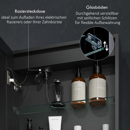HOMCOM Spiegelschrank, Badschrank mit LED, 50 x 70 cm, dimmbar, Anti-Beschlag, Schwarz