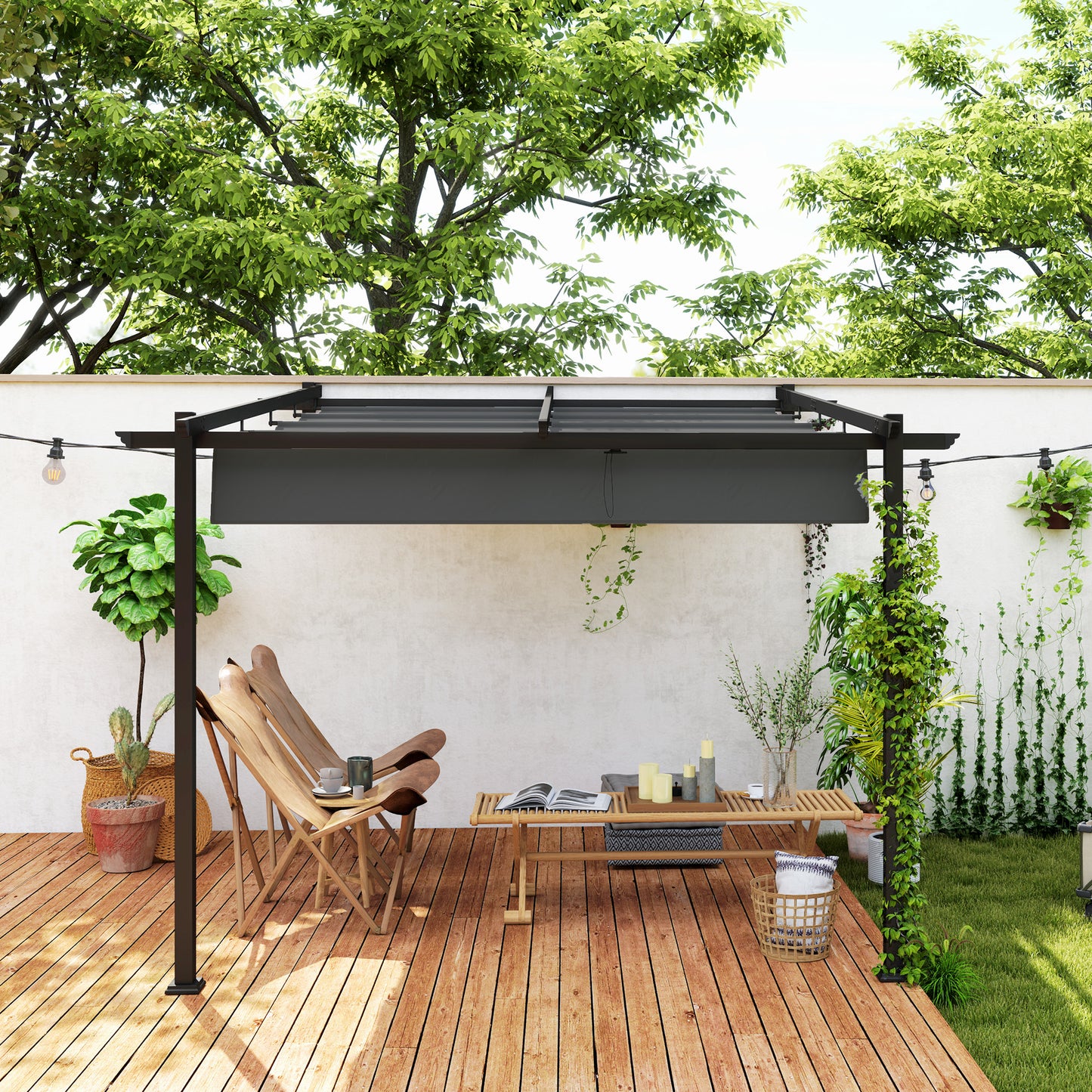 Outsunny Pavillon, 3 x 3 m Pergola, Winddichtes Terrassendach, Wandmontage, Verstellbares Dach, für Garten, Terrasse, Dunkelgrau
