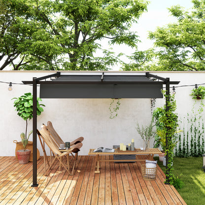 Outsunny Pavillon, 3 x 3 m Pergola, Winddichtes Terrassendach, Wandmontage, Verstellbares Dach, für Garten, Terrasse, Dunkelgrau