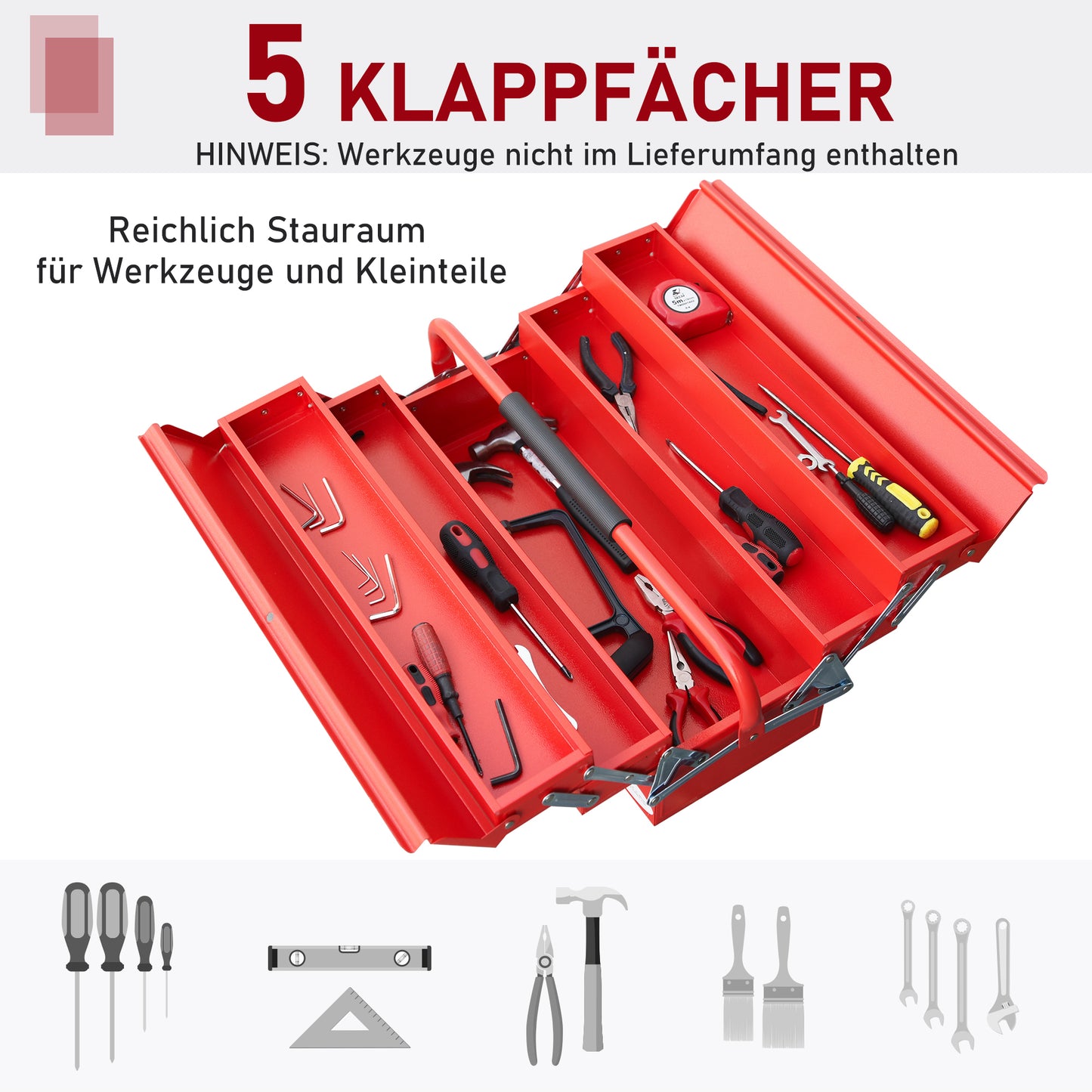 DURHAND Werkzeugkoffer Werkzeugkiste 5 Fächer aufklappbar Stahl (SPCC) Rot 56 x 20 x 41 cm
